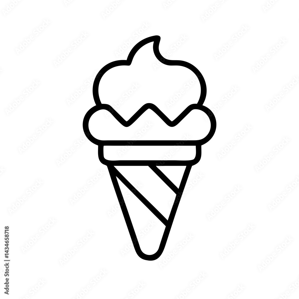 Simple black line illustration of an ice cream cone with swirl topping, isolated on white background, minimalist sweet dessert or snack icon Simple black line illustration of an ice cream cone with swirl topping, isolated on white background, minimalist sweet dessert or snack icon