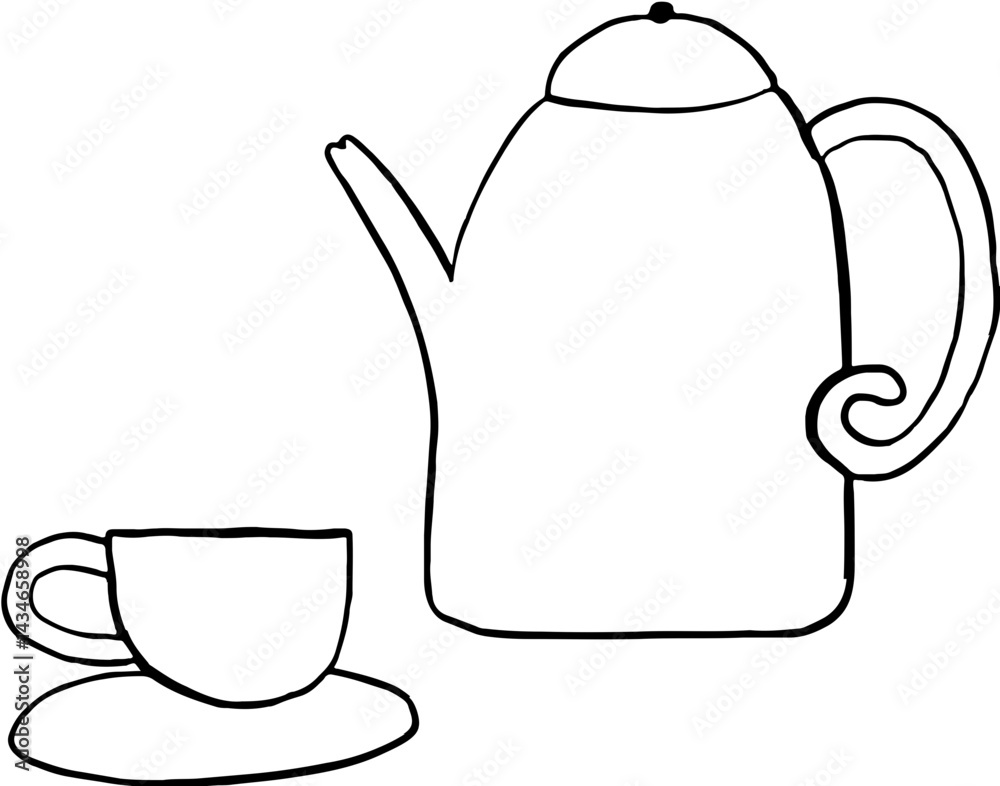 Obraz premium Lined Cup and Kettle Tea Hand Drawn
