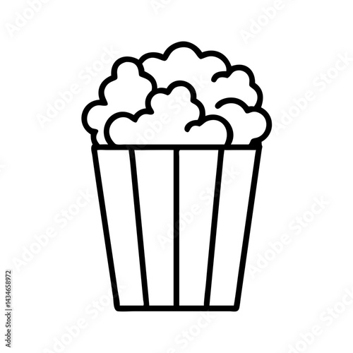 minimalistic black and white vector icon of popcorn in a striped box, simple snack food illustration, cinema treat graphic design