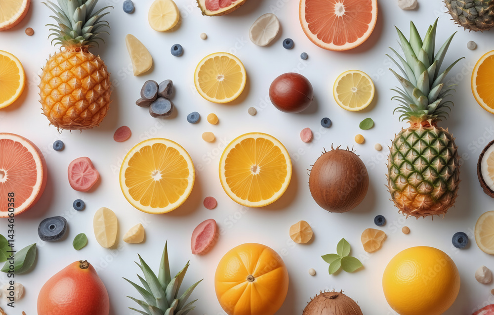 A vibrant flat lay of assorted fresh fruits scattered on a clean white surface. Pineapples, oranges, lemons, grapefruits, kiwis, blueberries, and mint leaves create a colorful and healthy display. A vibrant flat lay of assorted fresh fruits scattered on a clean white surface. Pineapples, oranges, lemons, grapefruits, kiwis, blueberries, and mint leaves create a colorful and healthy display.