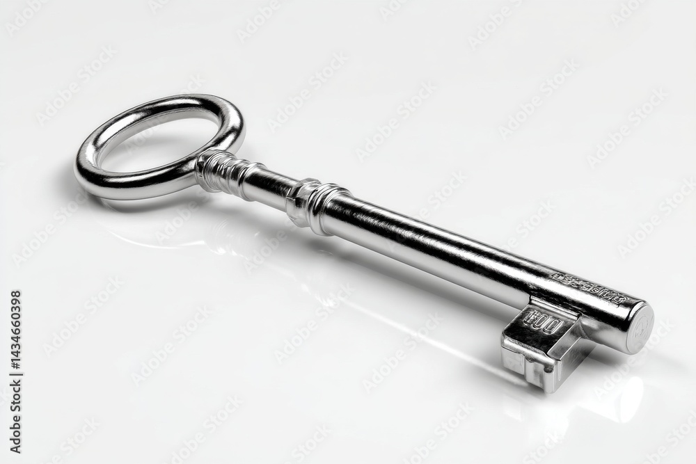 A beautifully crafted, shiny silver skeleton key isolated against a pristine white background. The key has a classic design and intricate details showing craftsmanship.