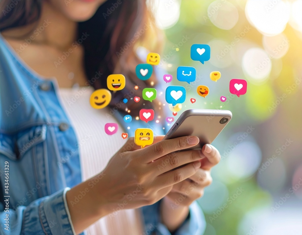 Primer Plano Detallado de un Teléfono Inteligente en Uso por una Mujer, con Emoticones Coloridos y Expresivos Saltando de la Pantalla, Capturando un Momento de Interacción Digital Primer Plano Detallado de un Teléfono Inteligente en Uso por una Mujer, con Emoticones Coloridos y Expresivos Saltando de la Pantalla, Capturando un Momento de Interacción Digital