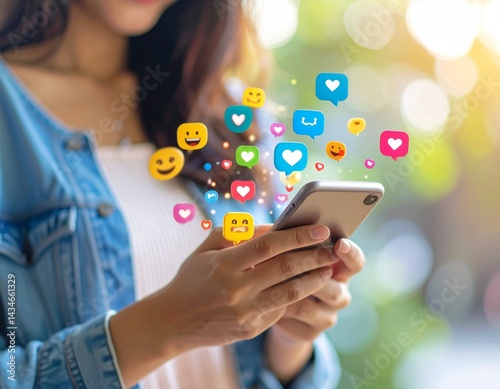 Primer Plano Detallado de un Teléfono Inteligente en Uso por una Mujer, con Emoticones Coloridos y Expresivos Saltando de la Pantalla, Capturando un Momento de Interacción Digital