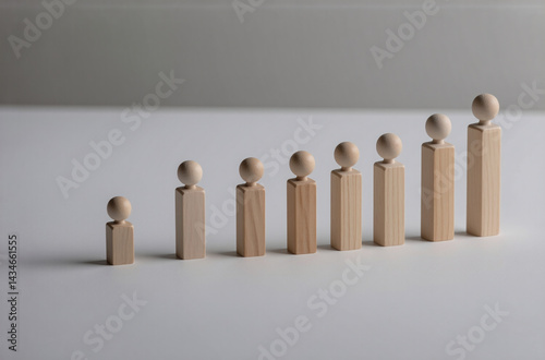 Simple wooden figures in ascending size order, arranged in a row on a white surface.  Minimalist still life with soft lighting.