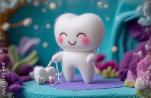 A cheerful tooth character with rosy cheeks is flossing a smaller tooth, the adorable scene is set amidst colorful fantasy flowers. photo