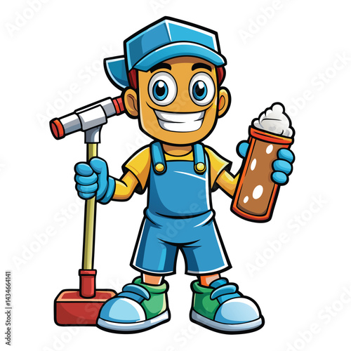 Cartoon character, worker, holding a hammer and beer