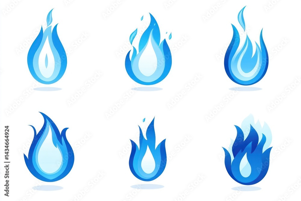 Blue flame icons; energy, heat, power; white background; website design Blue flame icons; energy, heat, power; white background; website design