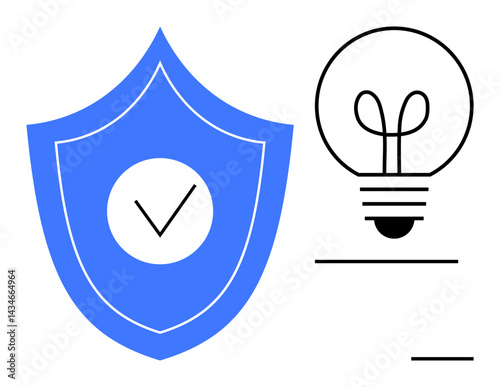 Shield with checkmark and glowing lightbulb. Ideal for cybersecurity, creativity, innovation, protection, technology, data safety, problem-solving. Minimalist flat simple metaphor