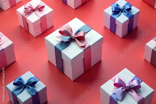 Elegant ribbon-tied gift boxes, repeating pattern, abstract, print
