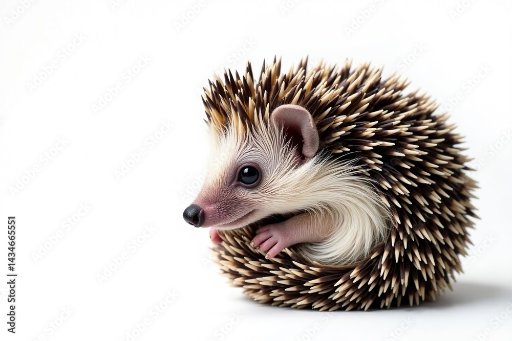 Obraz premium Tiny hedgehog, curled in a ball, white background, animal, wild animal, fauna