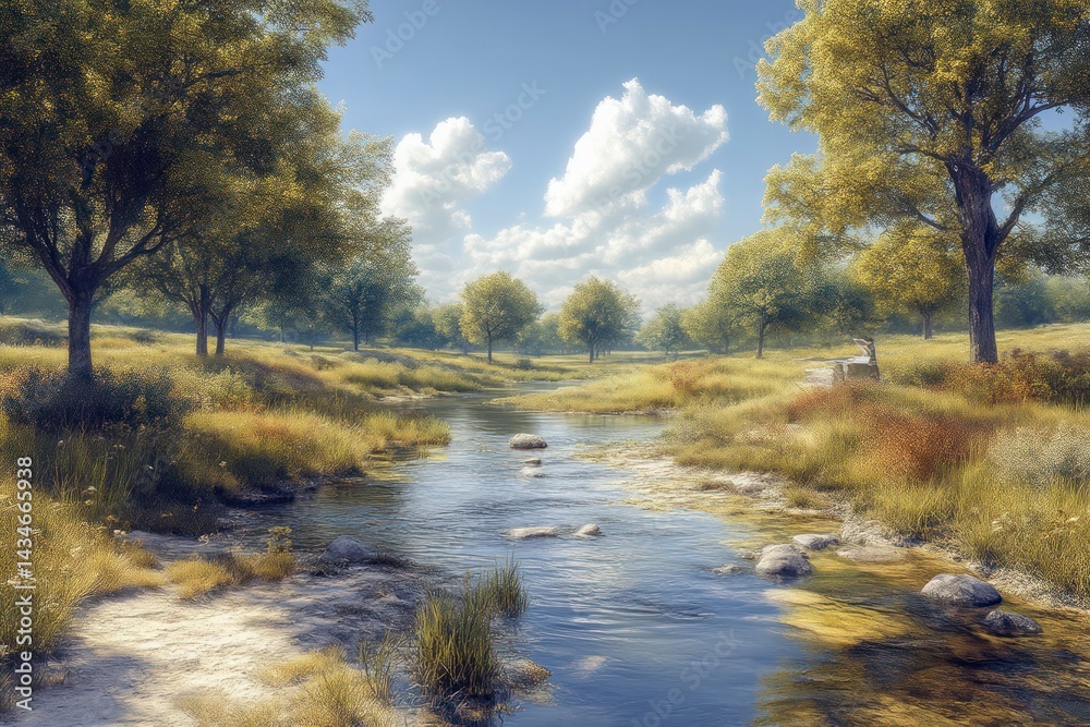 Obraz premium Peaceful Stream in a Lush Green Meadow with Sunlit Trees and Cloudy Sky