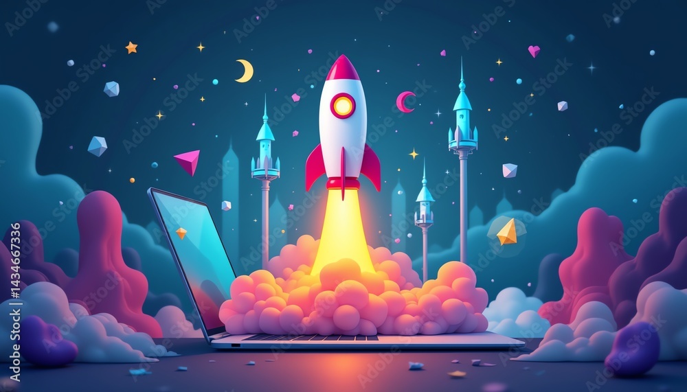 Colorful rocket launch in a digital landscape. Colorful rocket launch in a digital landscape.