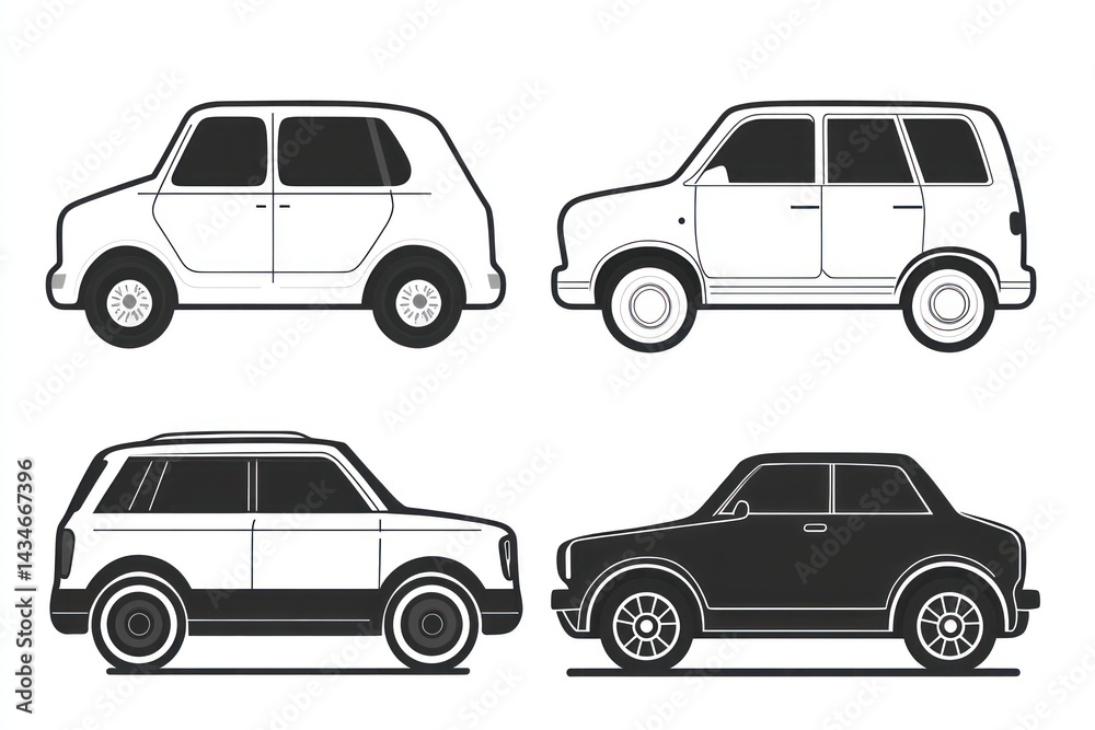 Fototapeta premium Four car illustrations, side view, white background, design element