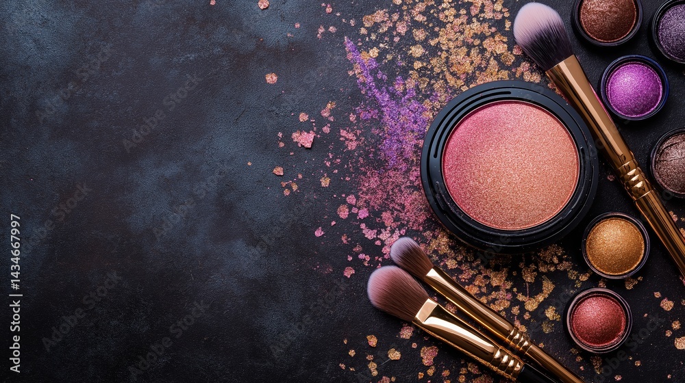 Make up brushes and paints background with copy space, fashion and glamour concepts