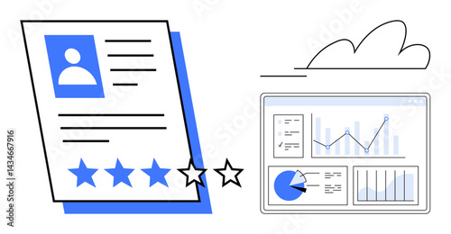 Profile review document with star rating alongside analytics dashboard featuring charts and graphs. Ideal for performance evaluation, data reporting, feedback systems, professional reviews, metrics