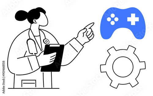 Female doctor with clipboard pointing towards game controller and gear, symbolizing healthcare and technology integration. Ideal for innovation, gamification, healthcare apps, health tech