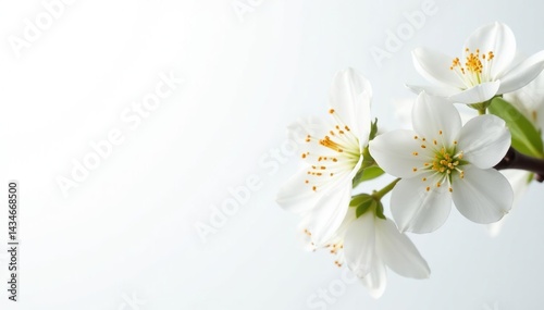 Delicate white blossoms against pure white backdrop, soft, untouched, peaceful