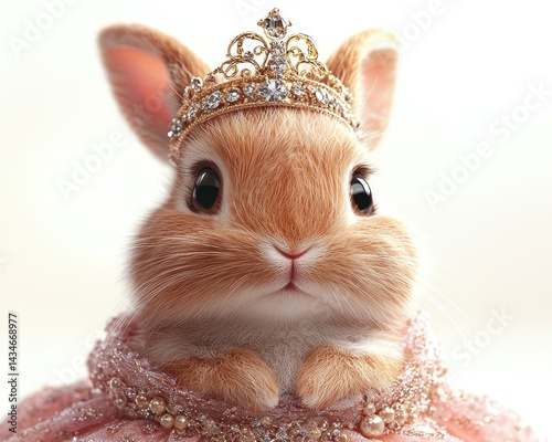 Adorable rabbit dressed in a sparkling pink gown and crown, posing elegantly
