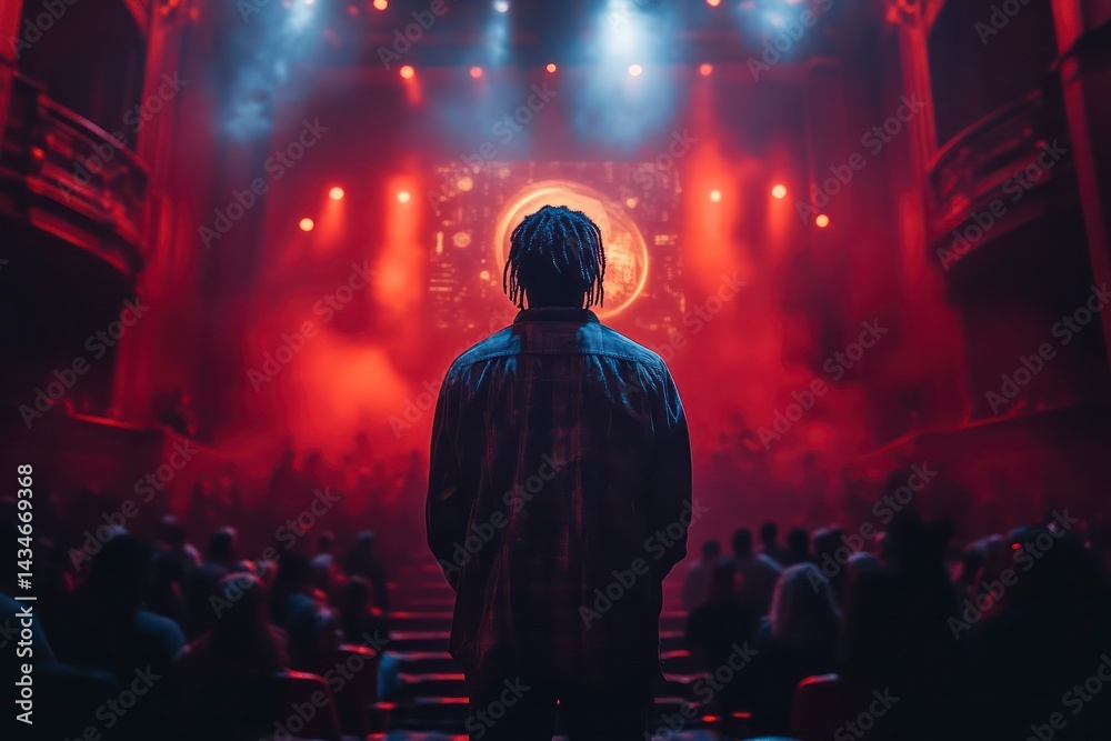 Solitary Figure in a Vibrant Concert Hall with Dynamic Lighting and Fog Effects Solitary Figure in a Vibrant Concert Hall with Dynamic Lighting and Fog Effects