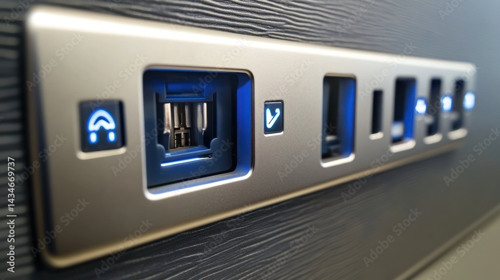 Embedded USB ports on a dark panel Embedded USB ports on a dark panel