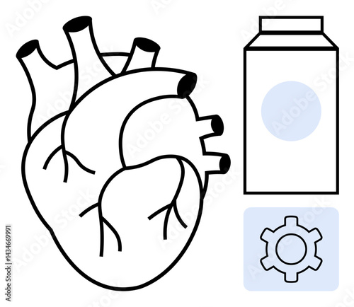 Anatomical heart contrasted with gear and milk carton, emphasizing health, nutrition, wellness, technology. Ideal for healthcare, medical research, innovation, biotechnology education fitness