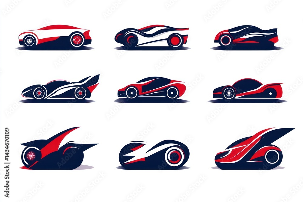 Fototapeta premium Futuristic car designs, racing style, white background, graphic design, vector illustration