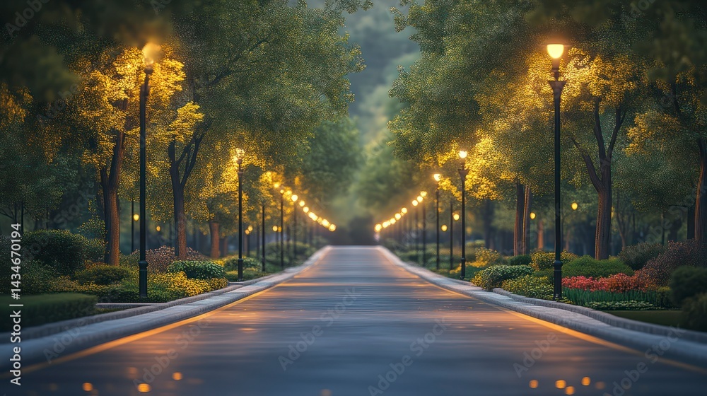 Illuminated Pathway Lined with Trees and Streetlights Serene Evening Scene Nature and Urban H Illuminated Pathway Lined with Trees and Streetlights Serene Evening Scene Nature and Urban H