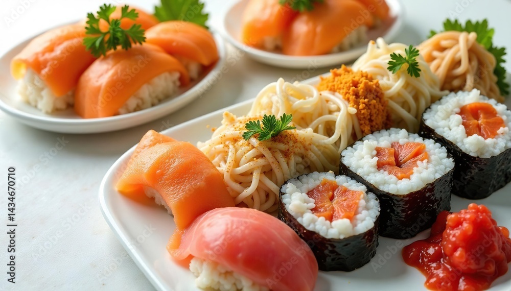 Vibrant array of sushi, noodles, and dumplings on white , chopsticks, thai