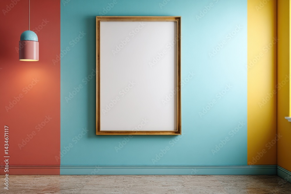Empty gold frame on a teal, coral, and yellow wall. Modern minimalist interior design. Empty gold frame on a teal, coral, and yellow wall. Modern minimalist interior design.