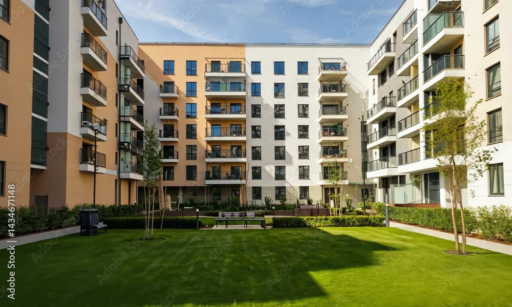 Modern apartment complex with courtyard, benches, and landscaping Bright sunny