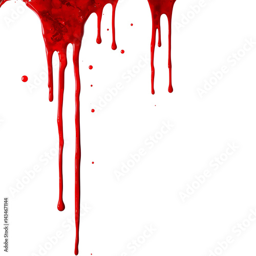 Red blood or paint flowing down on transparent background. Halloween, murder and horror concept. Red ink splash, splatter and stain.