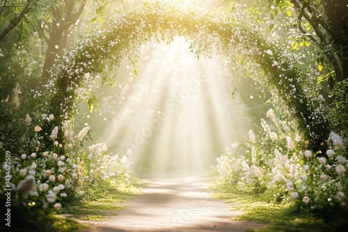 Fototapeta Naklejka Na Ścianę i Meble -  Sunlit path through a floral archway in a lush green forest