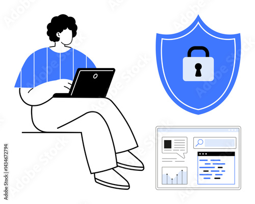 Person working on laptop, shield with a lock image highlighting cybersecurity, and a dashboard visualizing data. Ideal for web security, analytics, privacy, technology, data protection, safety