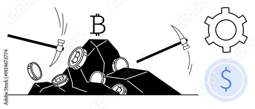 Digital coins emerging from rocks hit by pickaxes represent cryptocurrency mining. Blockchain and dollar gear icons emphasize technology, finance, and virtual economy. Ideal for fintech, blockchain