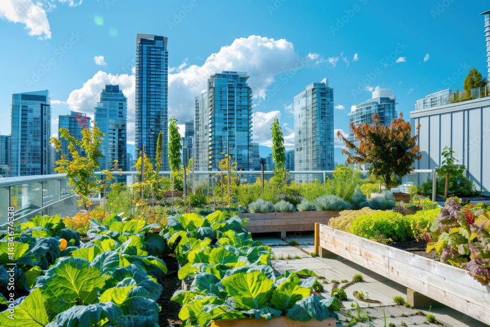 Fototapeta premium City Rooftop with Organic Vegetable Garden Beds Overlooking Modern Skyline in Background