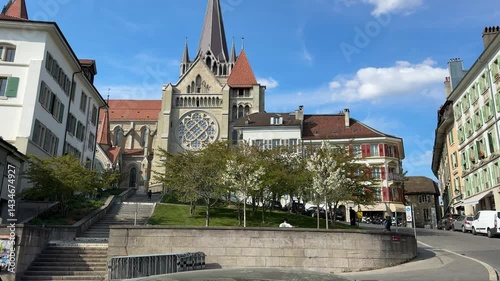 Lausanne, Switzerland - View of Lausanne Cathedral, Notre Dame of Lausanne, gothic architecture, walking tour through Lausanne in French Switzerland