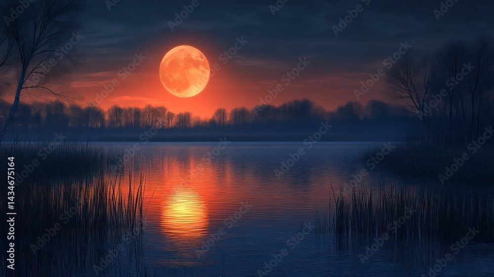 Serene Sunset Over a Calm Lake with a Glowing Orange Moon Reflecting in the Water Ideal for Na Serene Sunset Over a Calm Lake with a Glowing Orange Moon Reflecting in the Water Ideal for Na