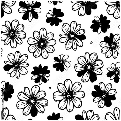 Floral Reverie: A Delicate Dance of Black and White Daisy-like Blossoms Pattern