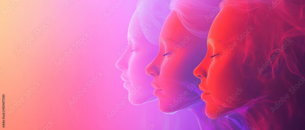 Three ethereal women in profile with vibrant gradient, showcasing inner peace and spiritual connection in a dreamlike state Concept of mindfulness, meditation, and serenity