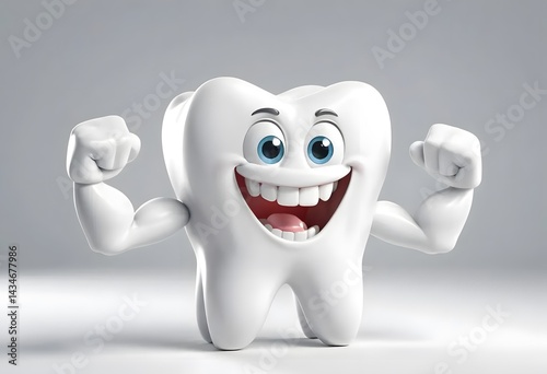 A 3D rendering of a white cartoon tooth character, looking healthy and strong, with muscular arms flexing confidently