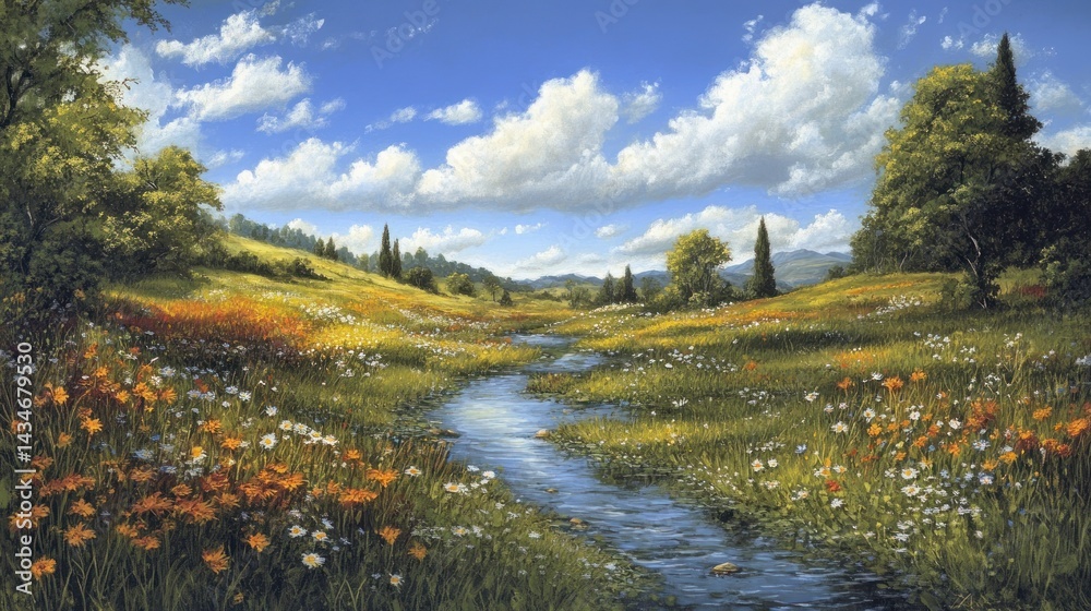 Sunny creek flows through vibrant meadow Sunny creek flows through vibrant meadow