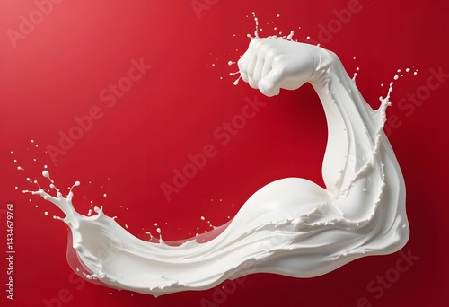 Creative splash of white milk forming the shape of a strong flexing arm muscle, isolated on bold red background