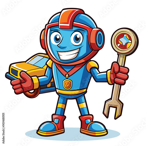 Cartoon robot mechanic character holding wrench and car