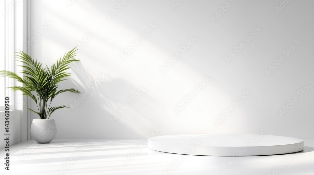 Circular Platform Minimalist Plant Display Bright Lighting Wide Angle Shot Clean Lines Product Presentation Bright White Room Serene Mood Ideal for Branding 162 characters Circular Platform Minimalist Plant Display Bright Lighting Wide Angle Shot Clean Lines Product Presentation Bright White Room Serene Mood Ideal for Branding 162 characters