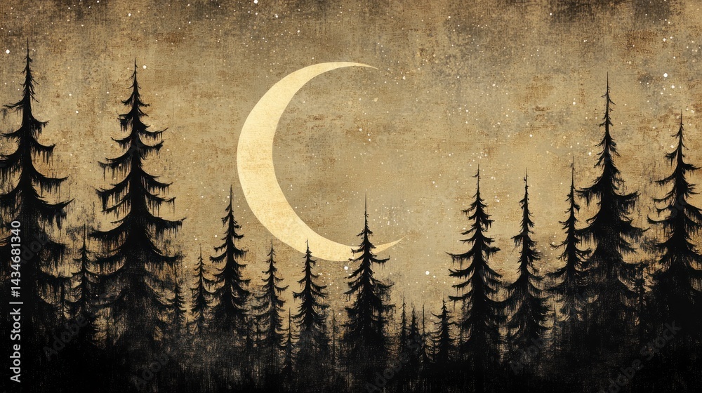 Obraz premium Night moon forest silhouette, grunge texture