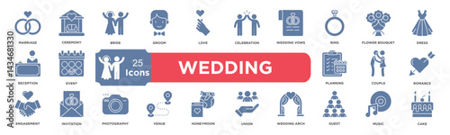 wedding icon collection set. Containing marriage,ceremony,bride,Groom,Love,celebration,wedding vows,Ring,Flower Bouquet,dress icon. Simple glyph vector.