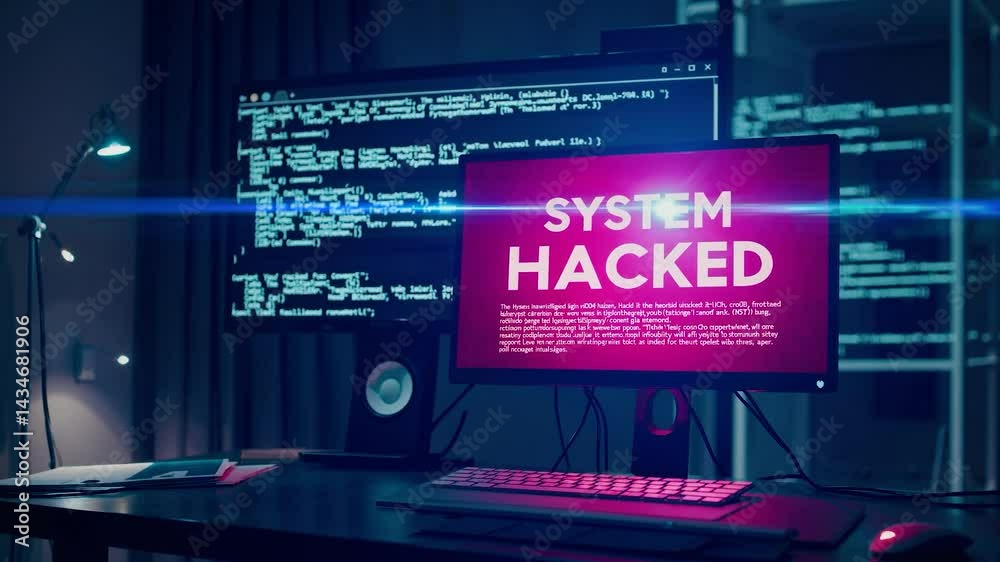 Computer screen displaying a system hacked alert message with code running in the background, suggesting a cyber security breach in an office environment at night
