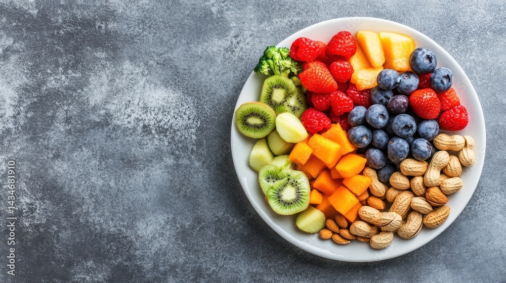 Colorful fruit, nut plate; healthy snack, grey background Colorful fruit, nut plate; healthy snack, grey background