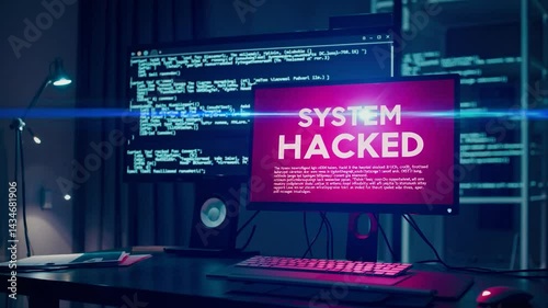 Computer screen displaying a system hacked alert message with code running in the background, suggesting a cyber security breach in an office environment at night