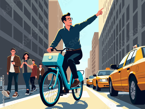  a man enthusiastically giving a tech presentation while perched on a bright blue Citi Bike in the middle of a crowded New York street
